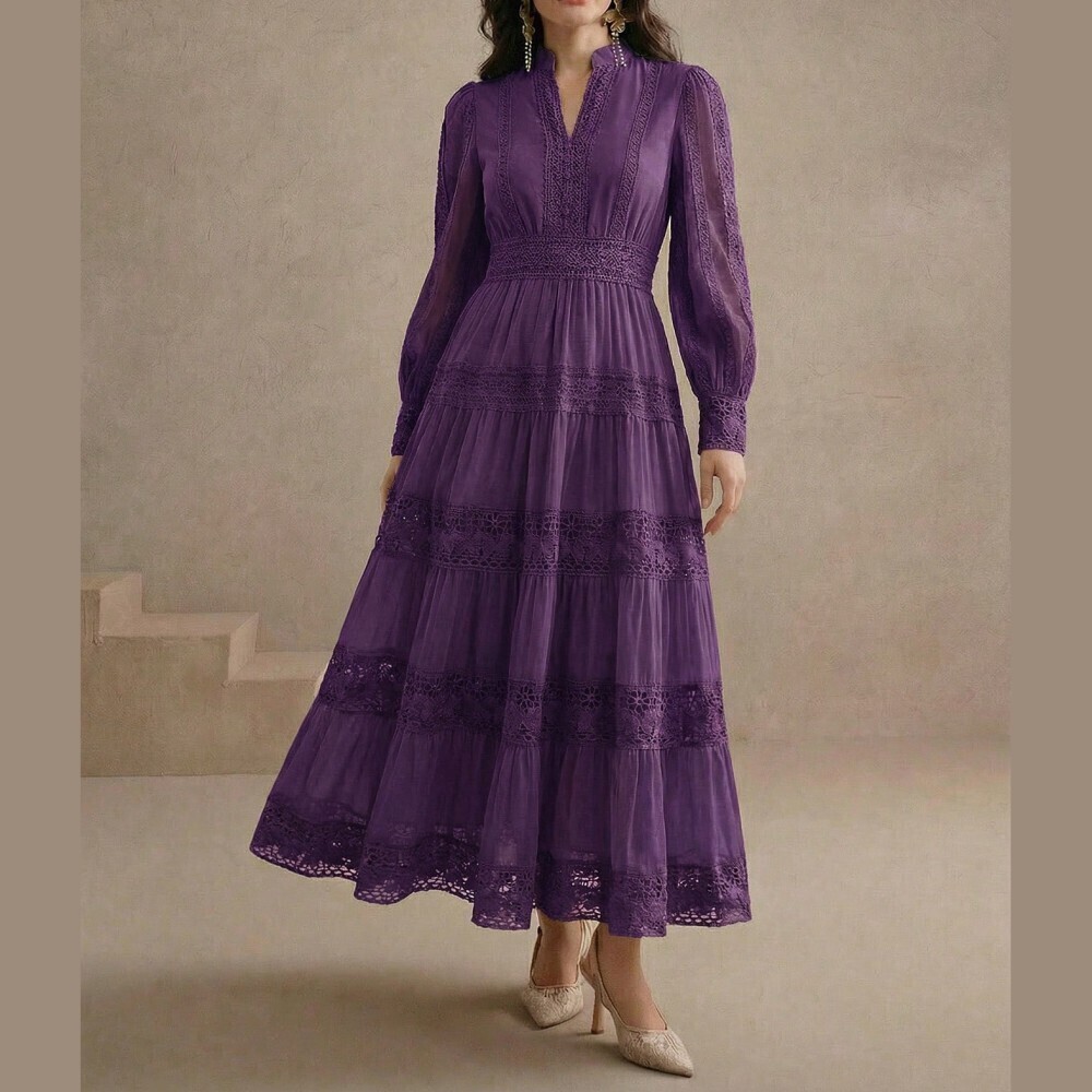 Purple Crochet Lace Trim Tiered Organza Notched Neck Maxi Dress